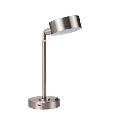 Adjustable Round Shade Metal LED Table Lamp with USB Plugin, Silver- Saltoro Sherpi Perspective: front