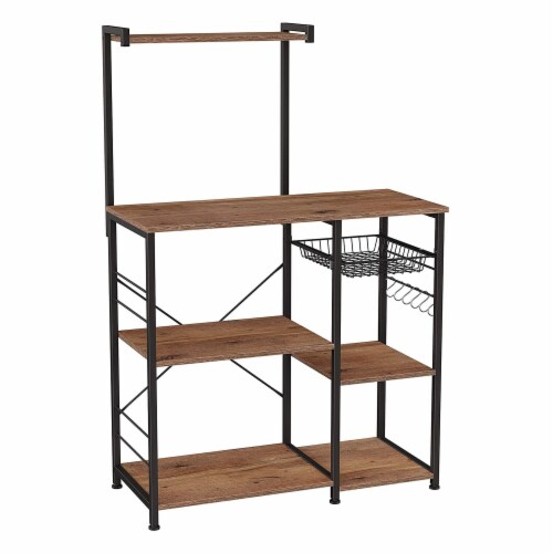 Bakers Rack with 4 Open Shelves and Wire Basket Brown and Black