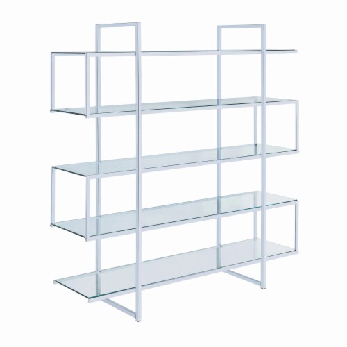 Bookcase with 5 Tempered Glass Shelves and Electroplated Frame, Chrome Perspective: front