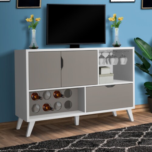 54 Inch 2 Door Wooden TV Stand with Wine Rack and 1 Drawer, White and Gray Perspective: front