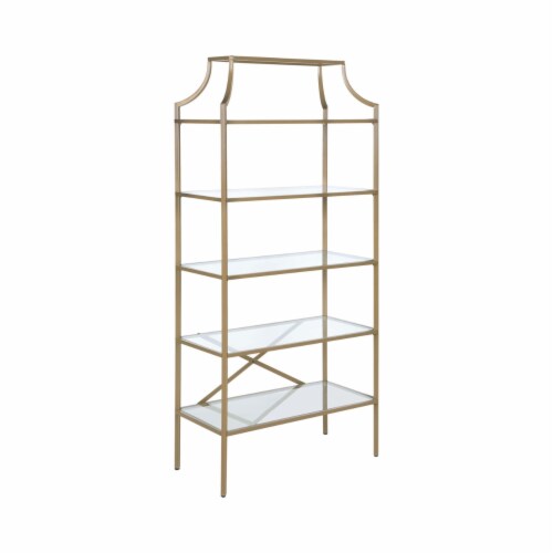 Bookcase with 5 Tempered Glass Shelves and Metal Frame, Gold Perspective: front