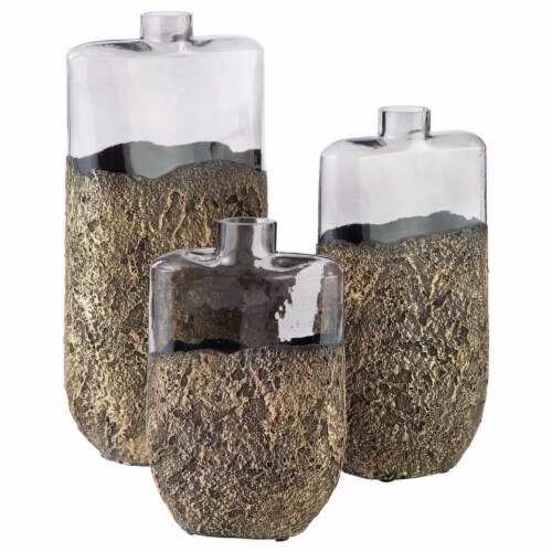 Vase with Glass and Sand Texture Bottom, Set of 3, Clear and Antique Gold Perspective: front
