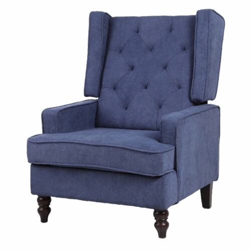 Rocking Chair with Button Tufted Wingback and Track Arms, Navy Blue- Saltoro Sherpi Perspective: front