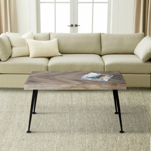 36 Inch Rectangular Mango Wood Coffee Table Herringbone Design Iron Legs Brown Black 26x36x18 Smith s Food and Drug