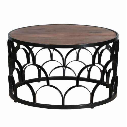 32 Inch Round Coffee Table Mango Wood Top Lattice Cut Out Metal