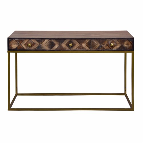 51 Inch 3 Drawer Mango Wood Console Table, Diamond Textured Panels, Metal Frame, Brown Perspective: front