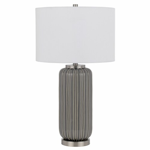 29 Inch Ceramic Curved Table Lamp with Stripes, Dimmer, Gray Perspective: front