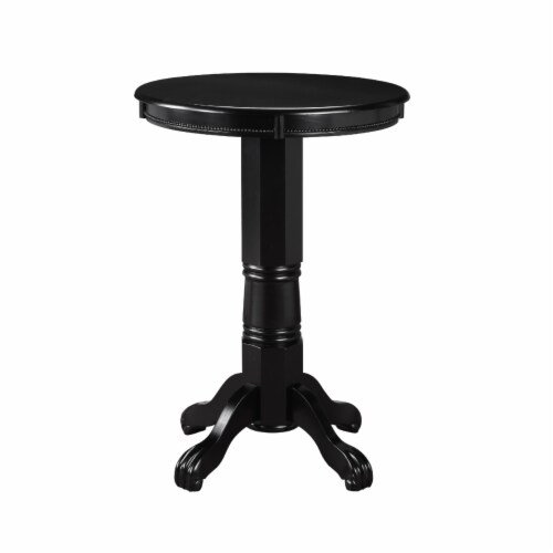 Ava 42 Inch Wood Pub Bar Table, Molded Trim, Carved Pedestal, Black- Saltoro Sherpi Perspective: front