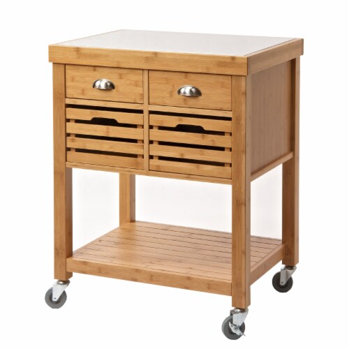 36 Inch Bamboo Kitchen Cart Island, 2 Drawers, Stainless Steel Top, Brown- Saltoro Sherpi Perspective: front