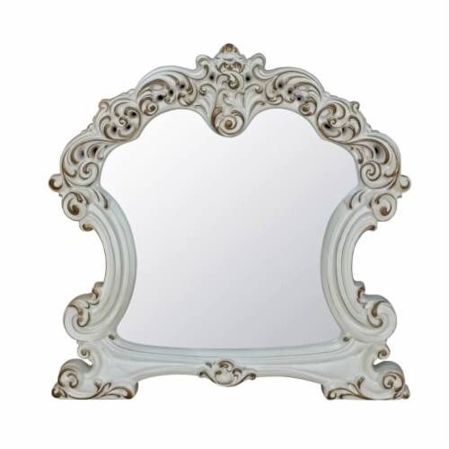 Jess 47 Inch Classic Mirror, Beveled Scrolled Carved Trim, Wood, White- Saltoro Sherpi Perspective: front