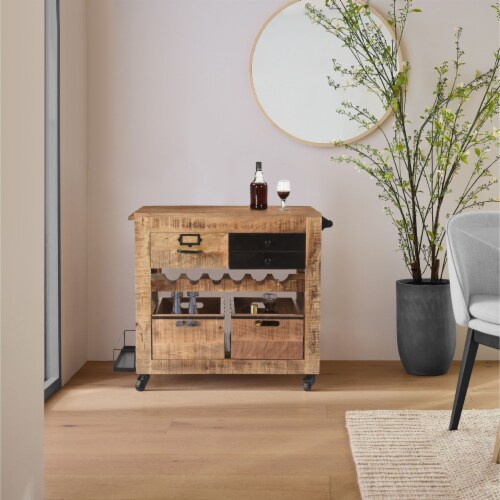 31 Inch Handcrafted Rustic Mango Wood Bar Cart Trolly with 3 Drawers and 6 Wine Bottle 1 unit Smith s Food and Drug