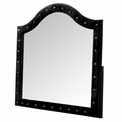 44 Inch Wall Mirror, Velvet Wrapping, Button Tufting, Black Perspective: front