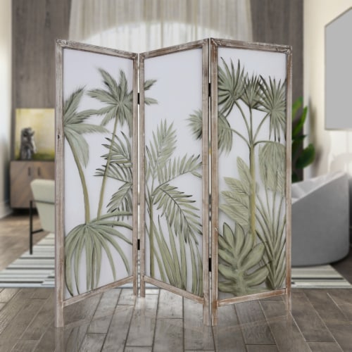 3 Panel Green Room Divider With Tropical Leaf 3 Panel Green Room Divider With Tropical Leaf