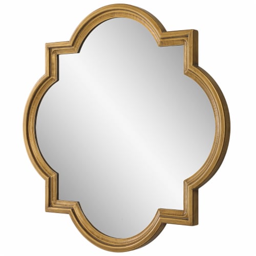 34 Inch Wood Wall Mirror, Quatrefoil Frame, Gold and Gray, 1