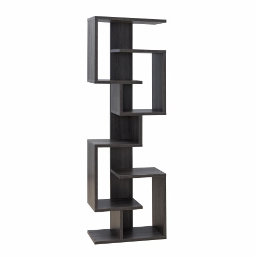 Andy 72 Inch Wood Bookcase, Geometric 7 Multi Layered Shelves, Gray Perspective: front