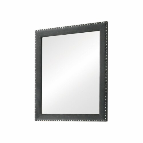 Cale 40 Inch Modern Portrait Mirror, Velvet Upholstery, Nailhead Trim, Gray Perspective: front