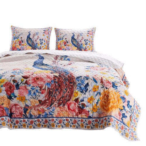 Tess Microfiber 2 Piece Twin Quilt Set, Peacock, Floral Print, Multicolor Perspective: front