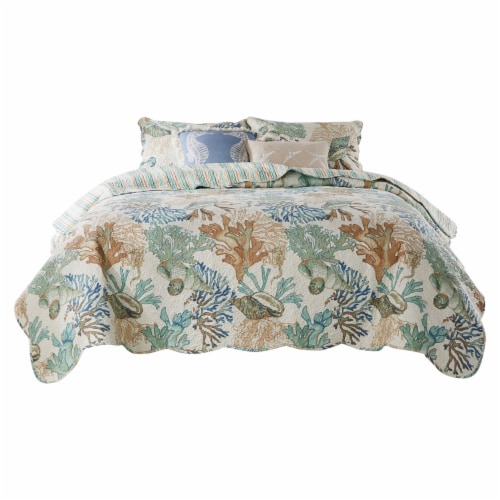 Wade 5 Piece King Quilt Set, Ocean Design, Scalloped Edges, Floral Pattern Perspective: front
