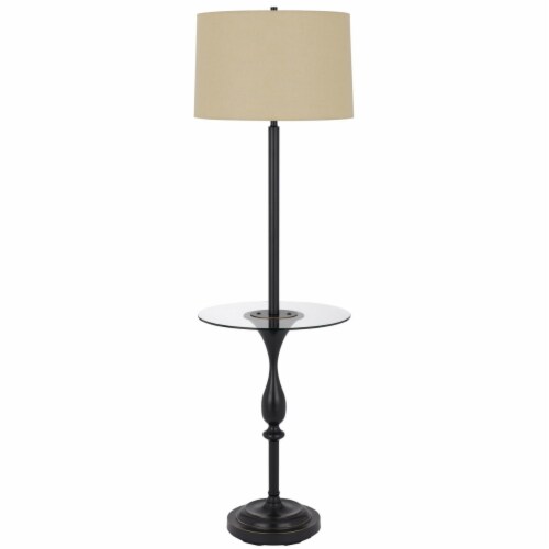 Ava 61 Inch Modern Floor Lamp, Glass Tray Table, 1 USB Port, Dark Bronze- Saltoro Sherpi Perspective: front