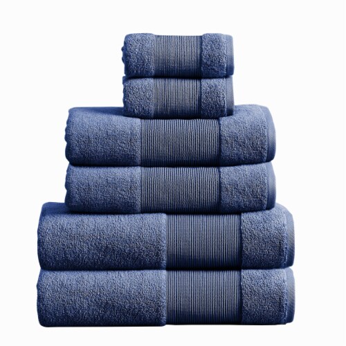 Indy Modern 6 Piece Cotton Towel Set, Softly Textured Design, Deep Blue- Saltoro Sherpi Perspective: front