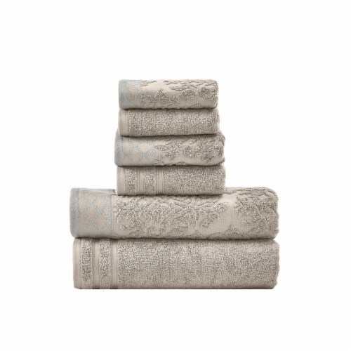 Noa 6 Piece Soft Egyptian Cotton Towel Set, Solid Damask Pattern Trim, Gray- Saltoro Sherpi Perspective: front