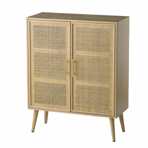 Dana 40 Inch Storage Cabinet, Wood Frame, 2 Shelves, 2 Rattan Doors, Brown, Saltoro Sherpi Perspective: front