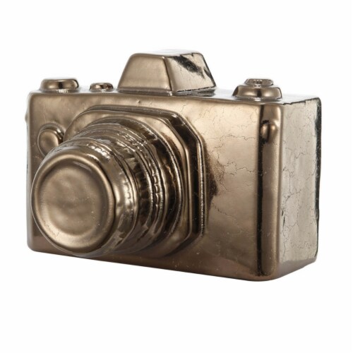 6 Inch Decorative Camera Table Top Accent, Distressed Gold Finish Ceramic, Saltoro Sherpi Perspective: front