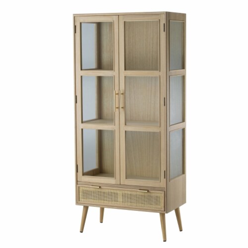 Dana 63 Inch Tall Cabinet, 2 Glass Doors, 1 Drawer, Natural Pine Wood- Saltoro Sherpi Perspective: front