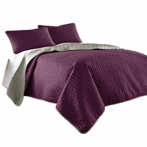 Eva 3 Piece Queen Microfiber Reversible Coverlet Set, Quilted, Gray, Purple- Saltoro Sherpi Perspective: front