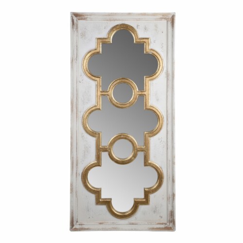 58 Inch Decorative Accent Mirror, Gold Ornate Trim over White Fir Wood- Saltoro Sherpi Perspective: front