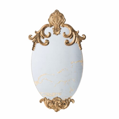 Vic 26 Inch Oval Wall Mirror, Ornate Scrolled Wood Frame, Gold Finish- Saltoro Sherpi Perspective: front