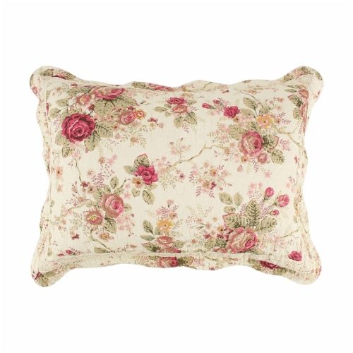 Lisbon 36 Inch King Size Pillow Sham, Red and Gold Cotton, Roses, Ties- Saltoro Sherpi Perspective: front