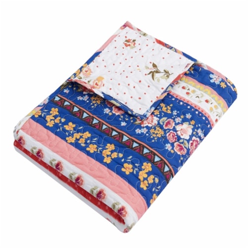Pico 60 Inch Throw Blanket, Polka Dots and Blue Flowers, Blue Microfiber- Saltoro Sherpi Perspective: front