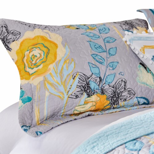 Minsk 20 x 36 King Size Pillow Sham, Yellow Flowers, Gray Cotton Fabric- Saltoro Sherpi Perspective: front