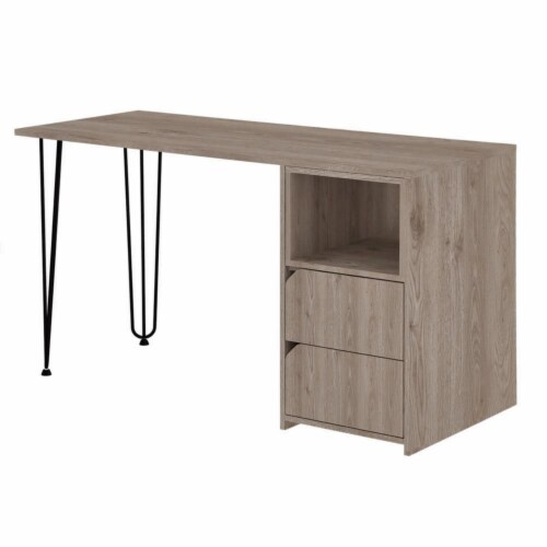 Ash 61 Inch Office Desk 2 Gliding Drawers Stylish Metal Hairpin
