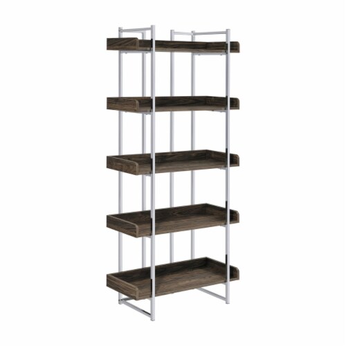 Pam 70 Inch Bookcase, 5 Wood Shelves with Raised Edges, Chrome Metal Frame- Saltoro Sherpi Perspective: front