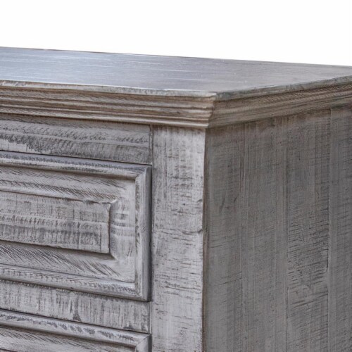 Siya 32 Inch Nightstand, 3 Drawers, Distressed Gray Pine Wood Molded