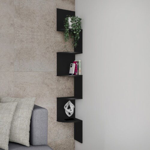 Large Black Floating Corner Shelf 5 Tier Wall Shelves with Hidden