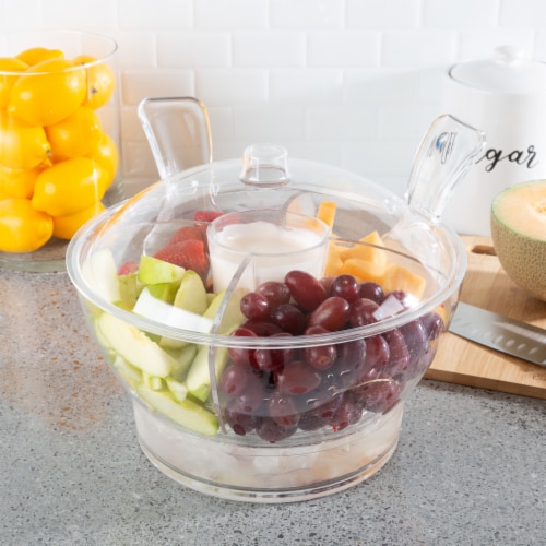 Ice Bowl-Large Cold Server with Lid, Dip Bowl, Serving Utensils, Dividers Fruit and Salads Perspective: front