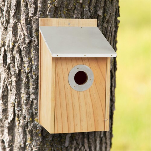 Pure Garden Pine Bird House with Tin Roof Perspective: front