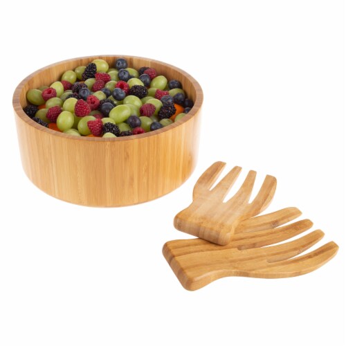 Bamboo Salad Bowl with Utensils – FDA Certified Modern Round Wooden Dinnerware Serving Fruit Perspective: front