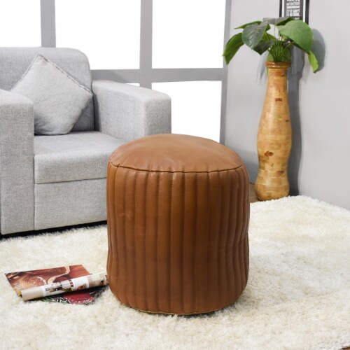 Handcrafted Natural Leather Round Pouf - Dark Brown Leather