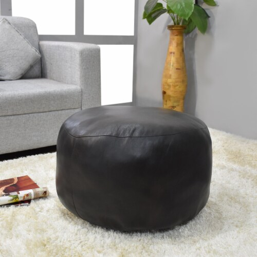 Bbh Homes Black Round Leather Pouf Ottoman Handmade Recycled Cotton Fill Bbbacpf0012 Black R 21 x21 x12