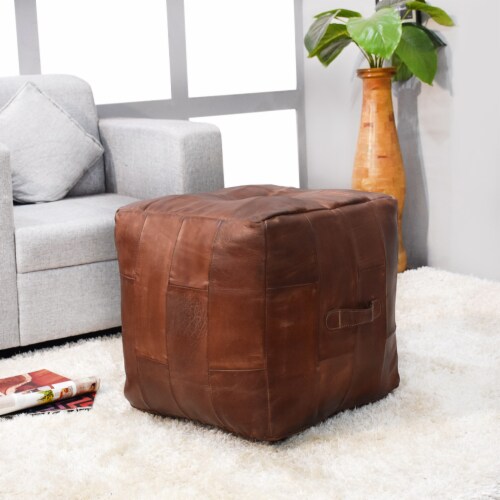 Brown leather pouf discount