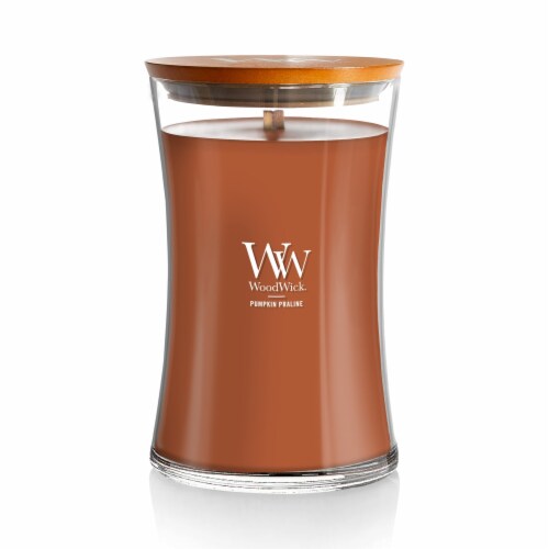 WoodWick Pumpkin Praline Scented Large Hourglass Candle, 21oz Perspective: front