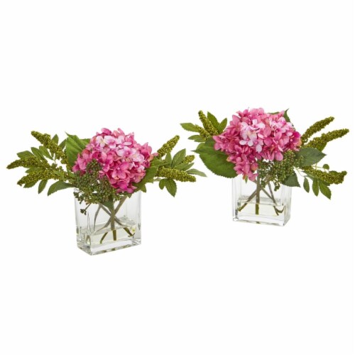 Nearly Natural 4314-S2-PK Hydrangea Artificial Arrangement in Vase, Pink - Set of 2 Perspective: front