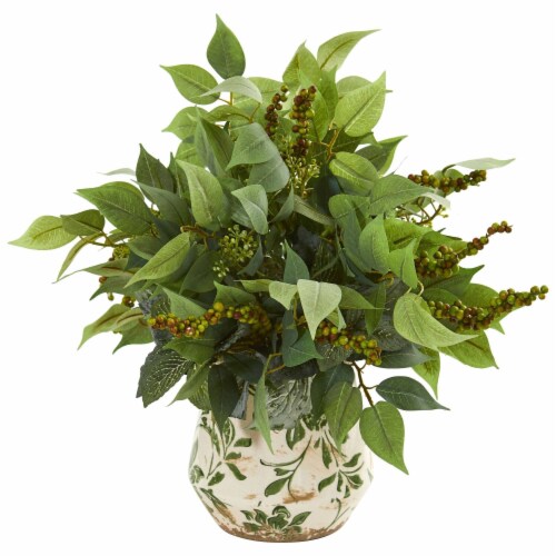 Nearly Natural 8549 Mixed Ficus, Fittonia & Berries Artificial Plant in Floral Vase Perspective: front
