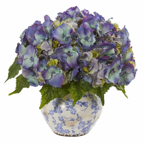 Nearly Natural 1845-BL Hydrangea Artificial Arrangement in Floral Design Vase - Blue Perspective: front