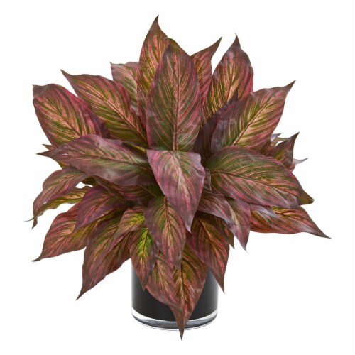 Nearly Natural 8585-BG Musa Leaf Artificial Plant in Glossy Black Vase - Burgundy Perspective: front