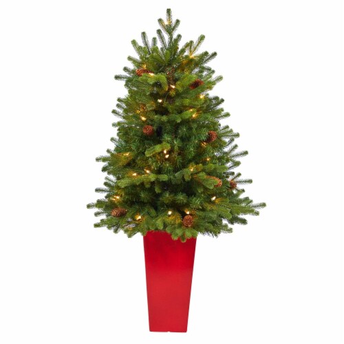 3.5-ft Yukon Fir Xmas Tree w/50 Lights in Red Planter Perspective: front